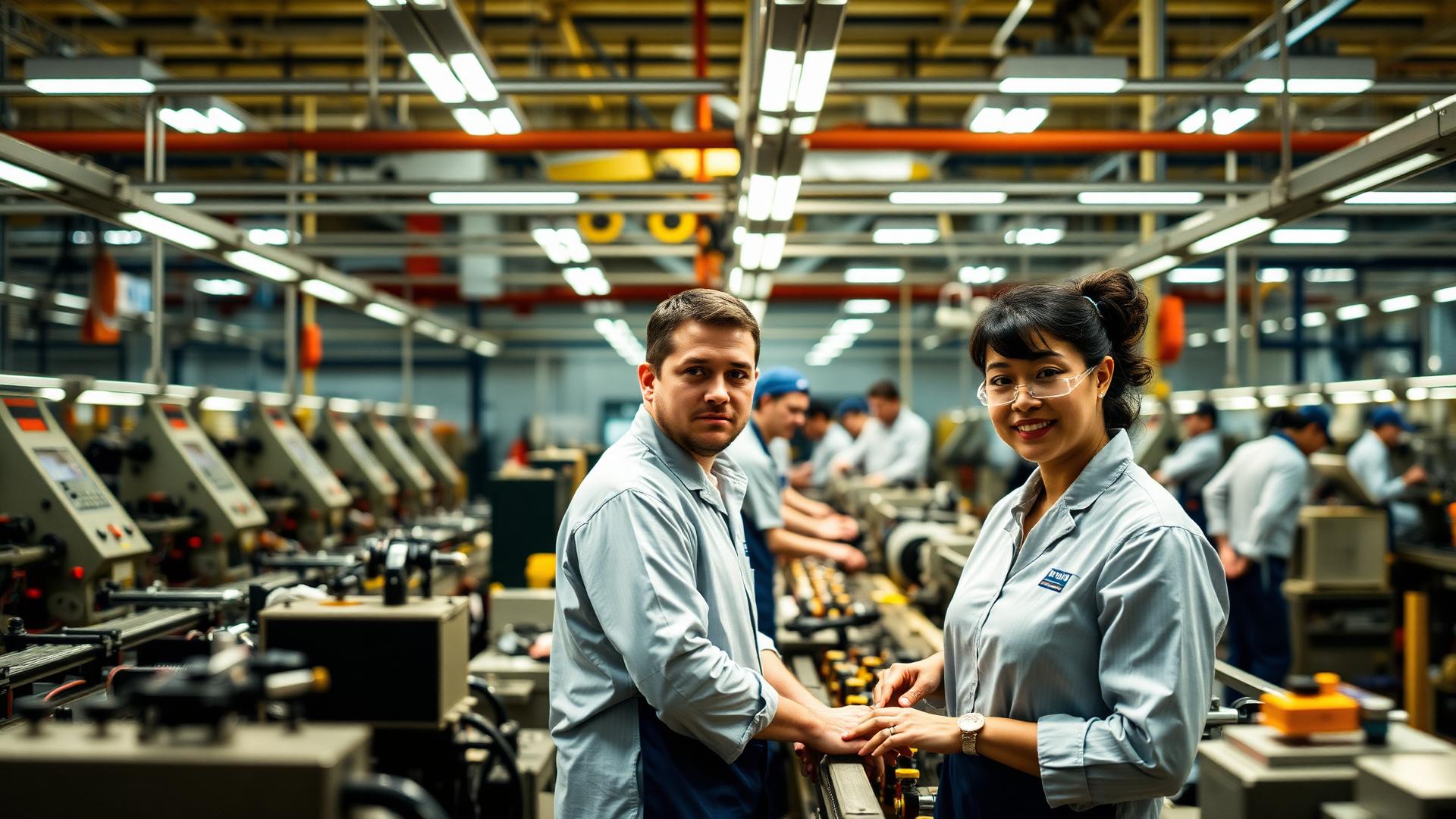 Manufacturing employees on a precision assembly line